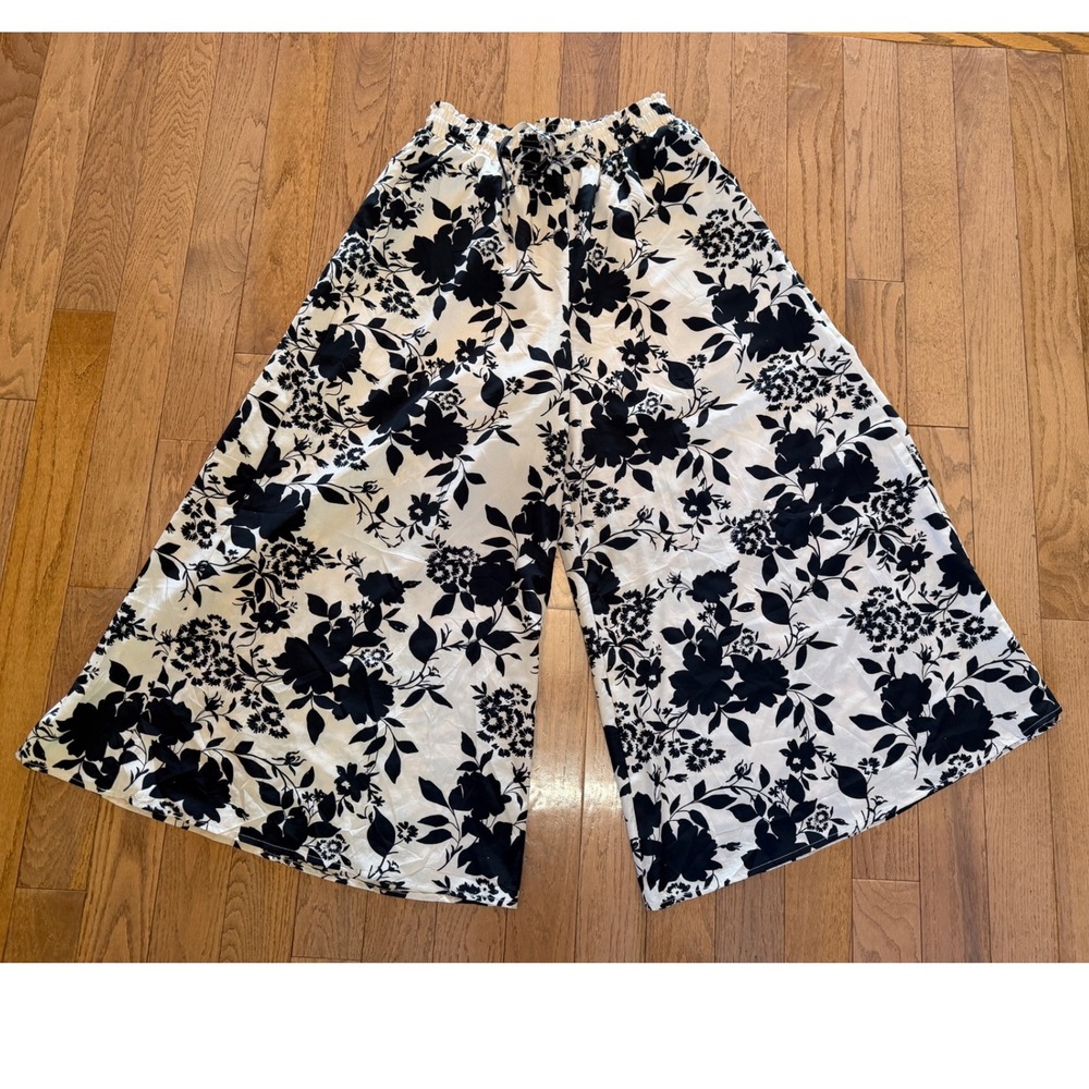 Wide Leg Floral Pants Womens Large Boho Cottagecore Lounge Casual Baggy